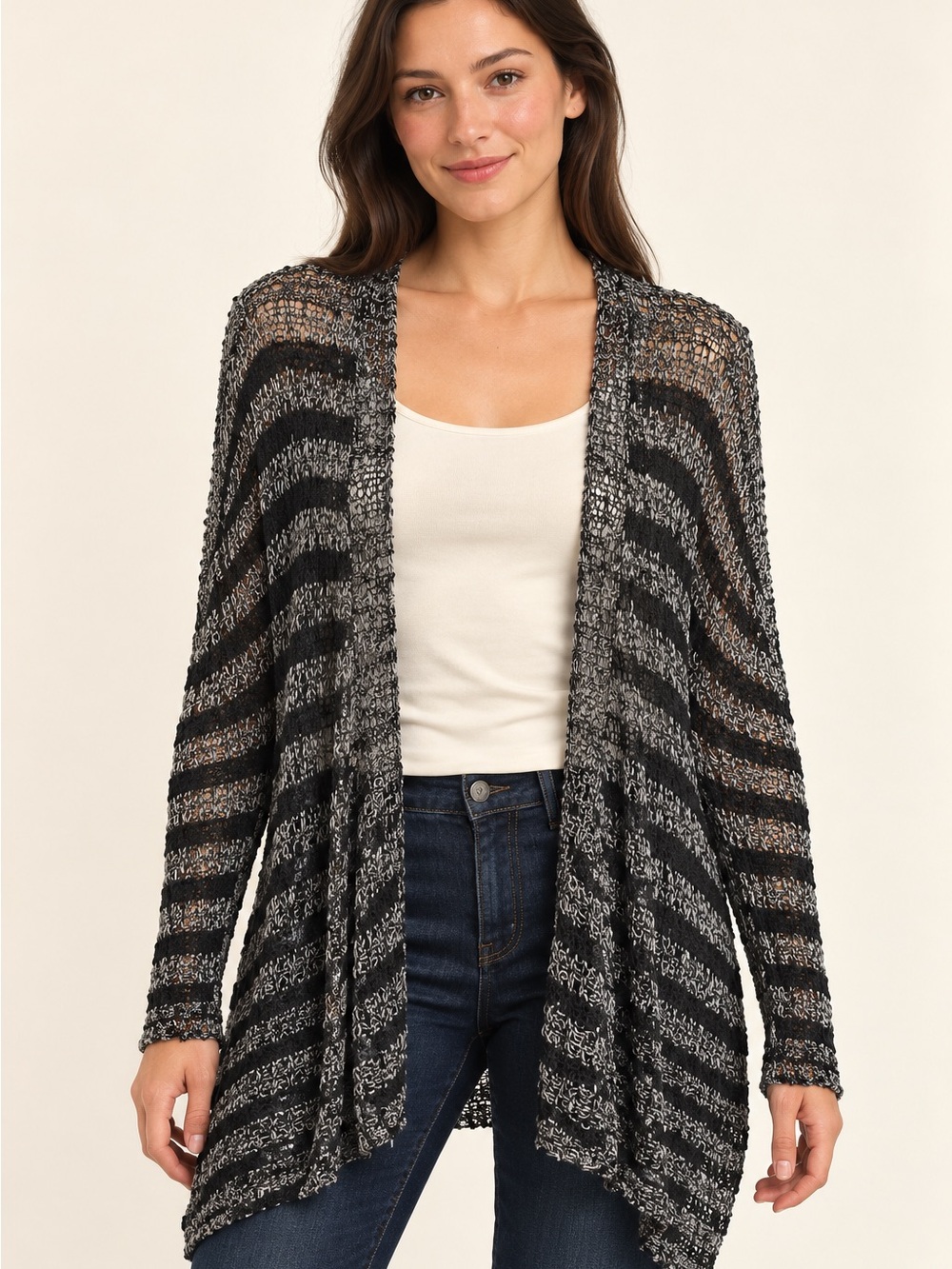 Free People Medium Black Gray Striped Open Knit Draped Cardigan Boho